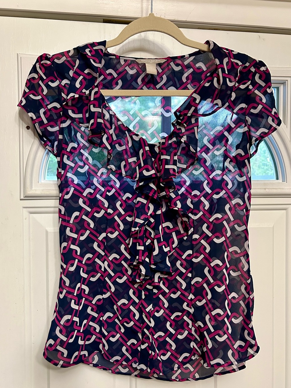 Banana Republic Navy Geometric Ruffle Blouse with Pink and White Chain Print